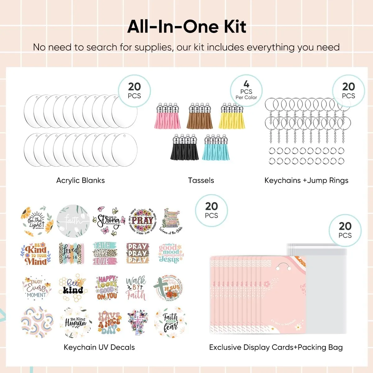 140 PCS Acrylic Keychain Blank Set, Faith Double-Sided UV DTF Stickers Acrylic Keychain Making Kits for Vinyl DIY Craft Project Employee Appreciation Gifts