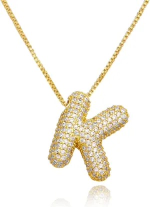 18K Bubble Letter Necklace Gold for Women, Initial Necklaces Rhinestone Chunky Bubble Letter Necklace as Birthday Gifts Charm Puff Name Pendant Alphabet Necklaces Non Tarnish Gold Plated Jewelry