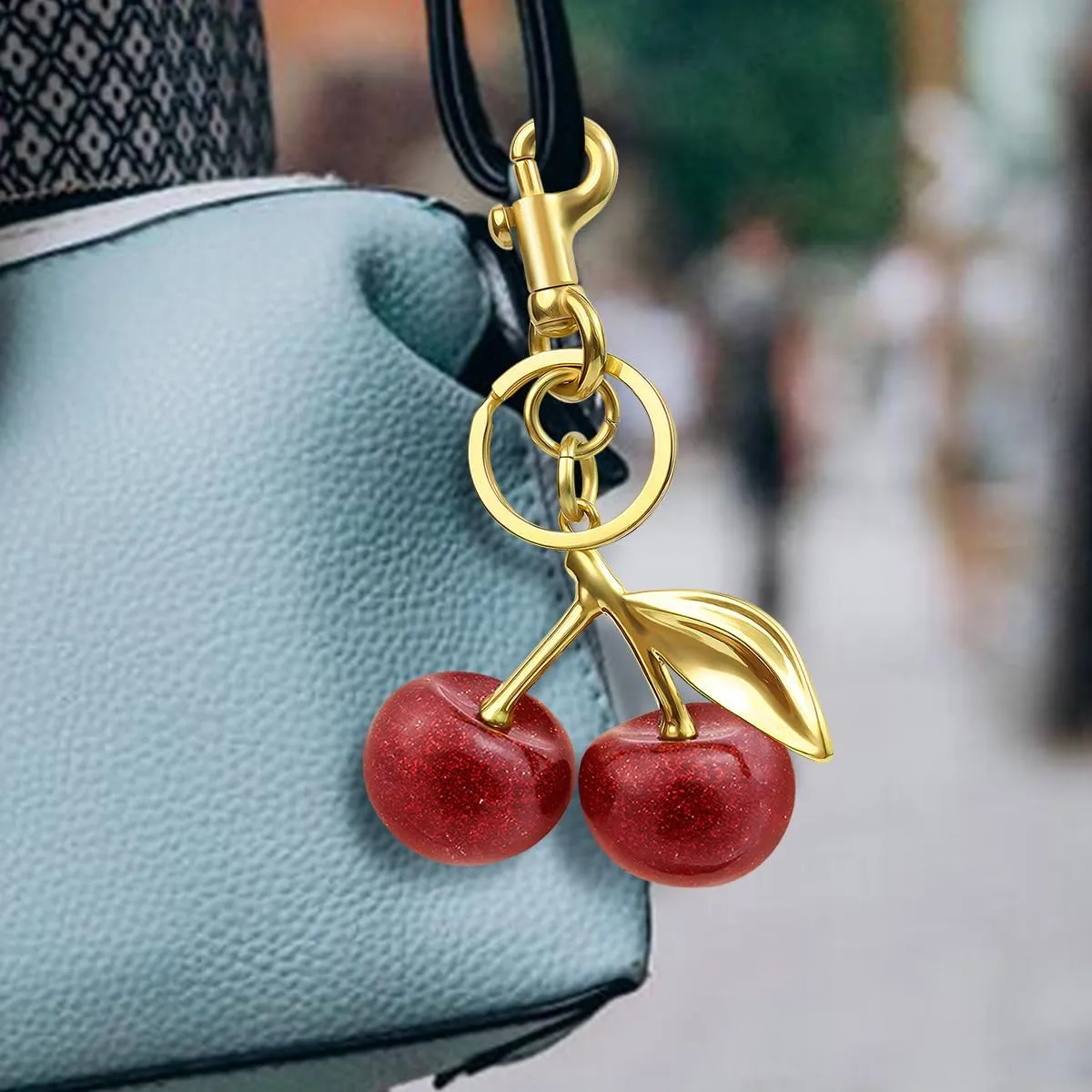18K Gold Plated Cherry Keychain, Cherry Purse Charm Made of Metal Hardware and Glittering Resin, Cherry Charm
