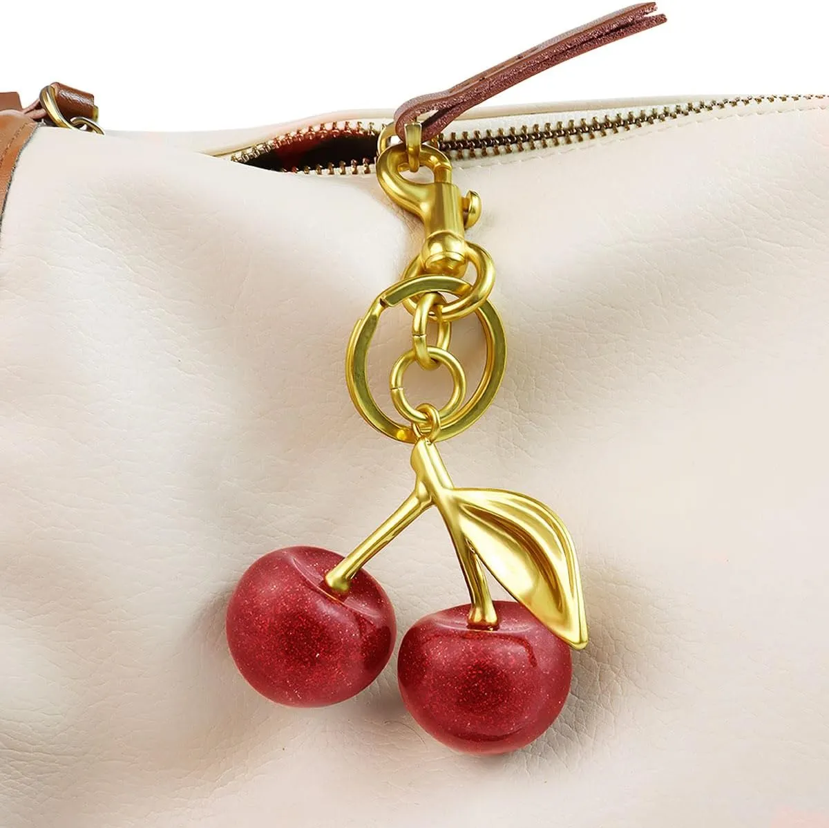 18K Gold Plated Cherry Keychain, Cherry Purse Charm Made of Metal Hardware and Glittering Resin, Cherry Charm