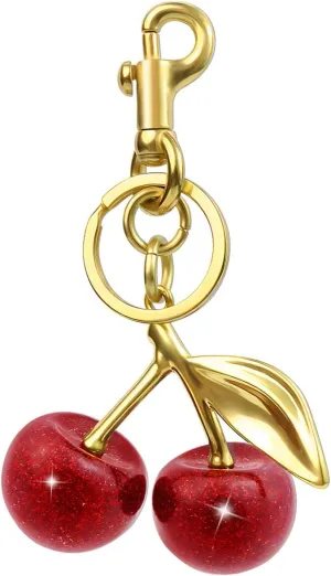 18K Gold Plated Cherry Keychain, Cherry Purse Charm Made of Metal Hardware and Glittering Resin, Cherry Charm