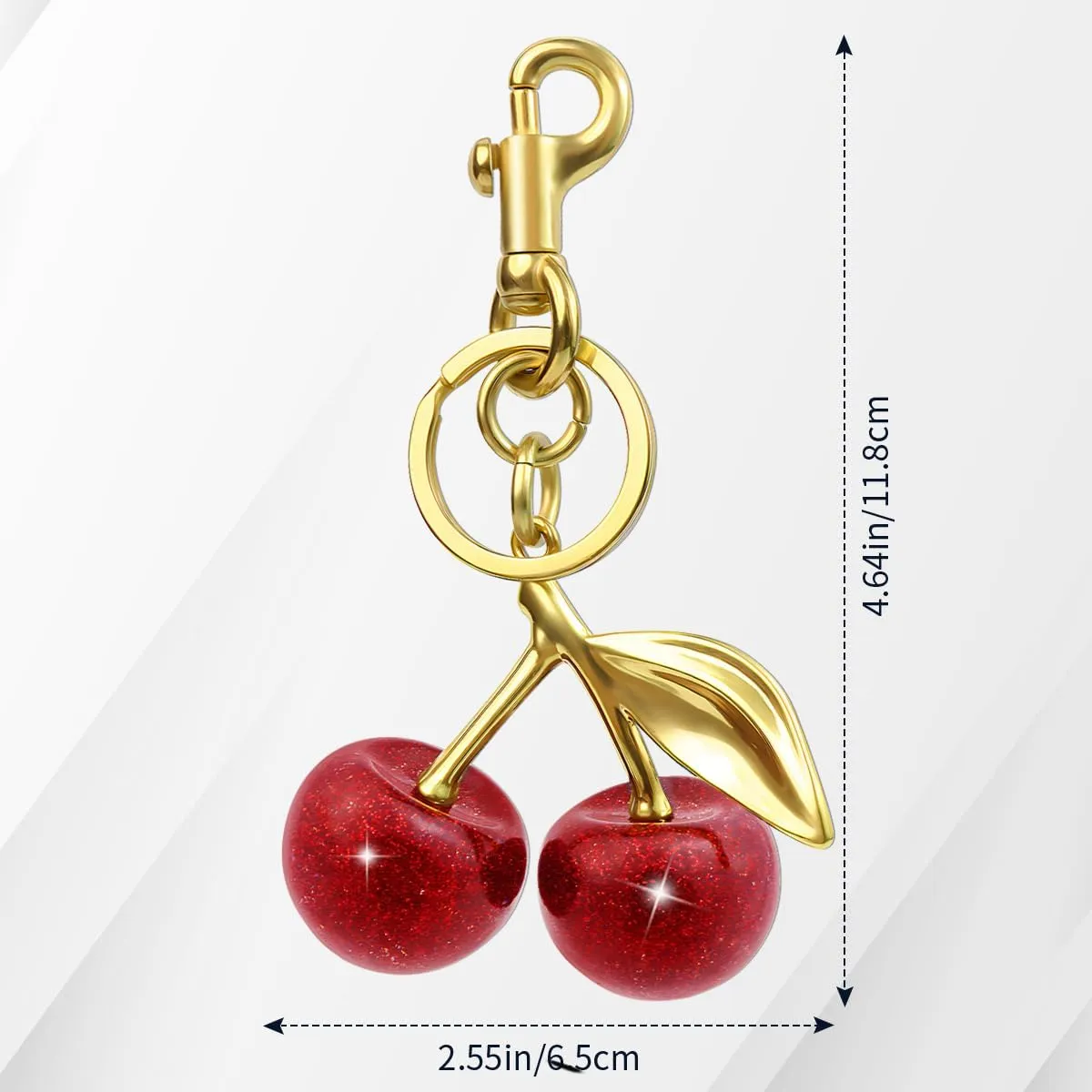 18K Gold Plated Cherry Keychain, Cherry Purse Charm Made of Metal Hardware and Glittering Resin, Cherry Charm