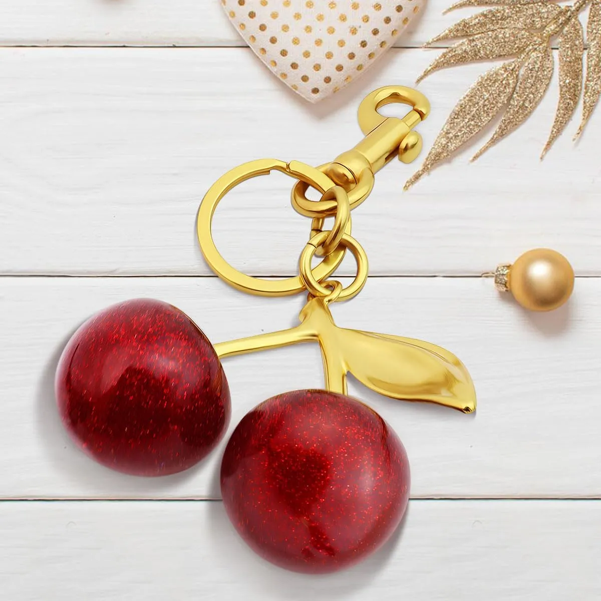 18K Gold Plated Cherry Keychain, Cherry Purse Charm Made of Metal Hardware and Glittering Resin, Cherry Charm