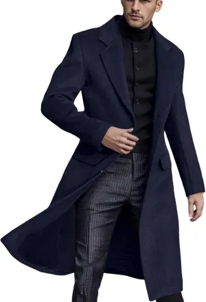 2023 Men's Casual Trench Coat Slim Fit Notched Collar Long Suit Jacket Overcoat Single Breasted Pea Coat Blazers wih Pockets