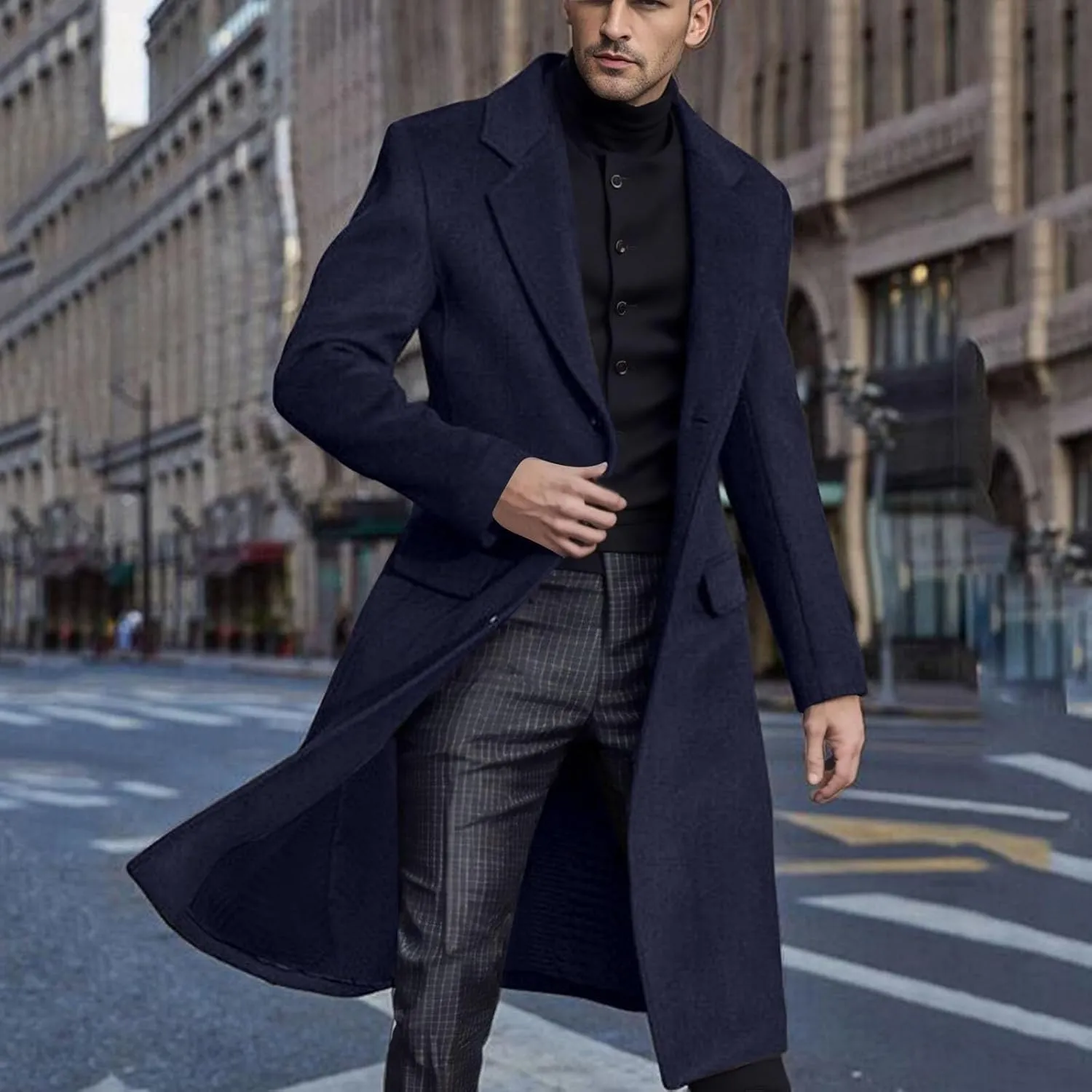 2023 Men's Casual Trench Coat Slim Fit Notched Collar Long Suit Jacket Overcoat Single Breasted Pea Coat Blazers wih Pockets