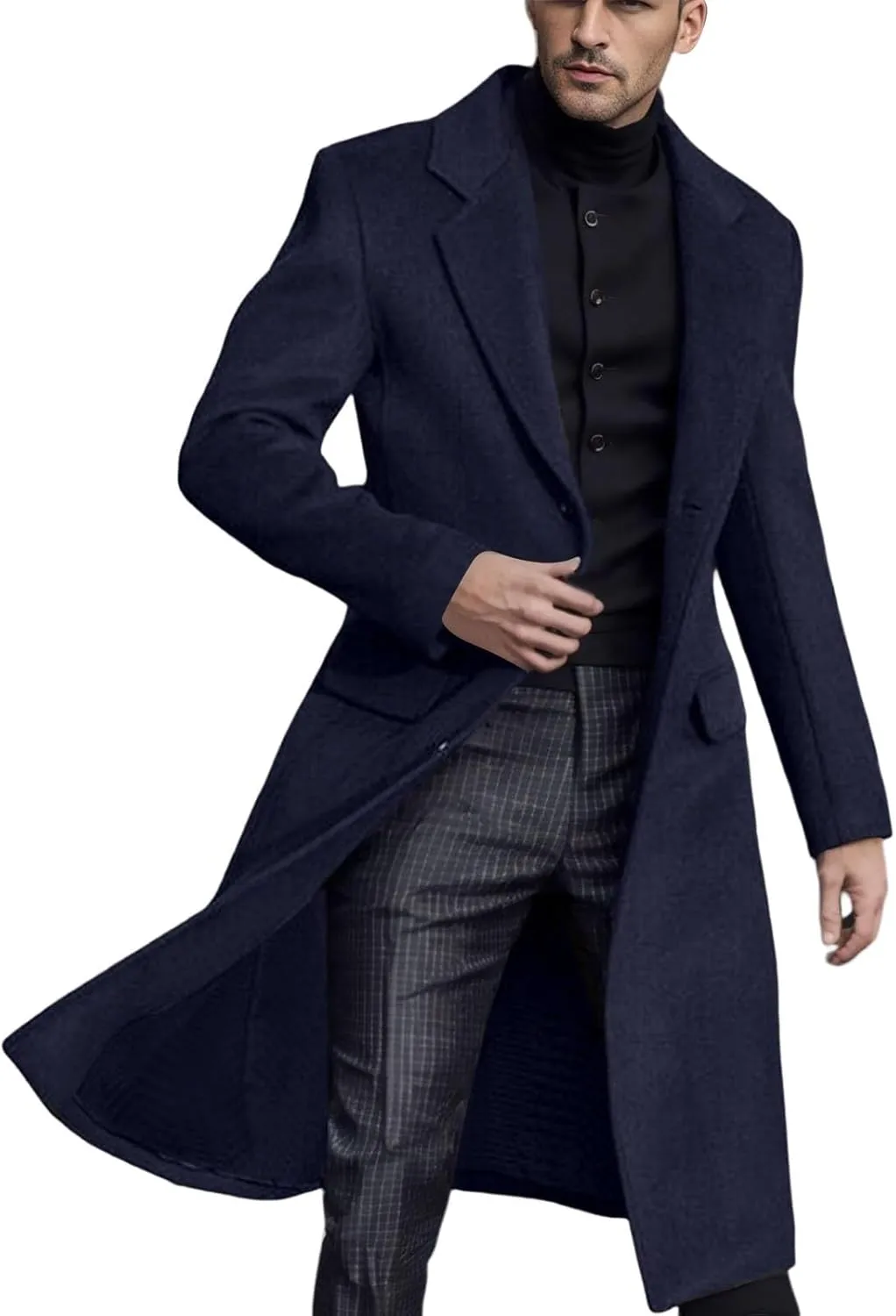 2023 Men's Casual Trench Coat Slim Fit Notched Collar Long Suit Jacket Overcoat Single Breasted Pea Coat Blazers wih Pockets