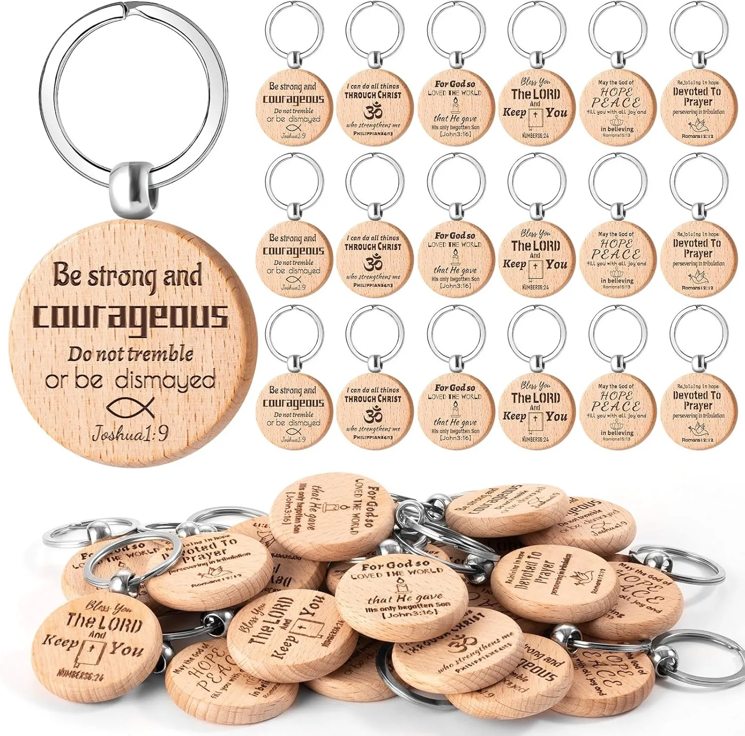 24 Pcs Christian Keychain Bulk, Bible Verse Keychain, Inspirational Religious Quotes Wooden Key Chain Sign for Women Men Church