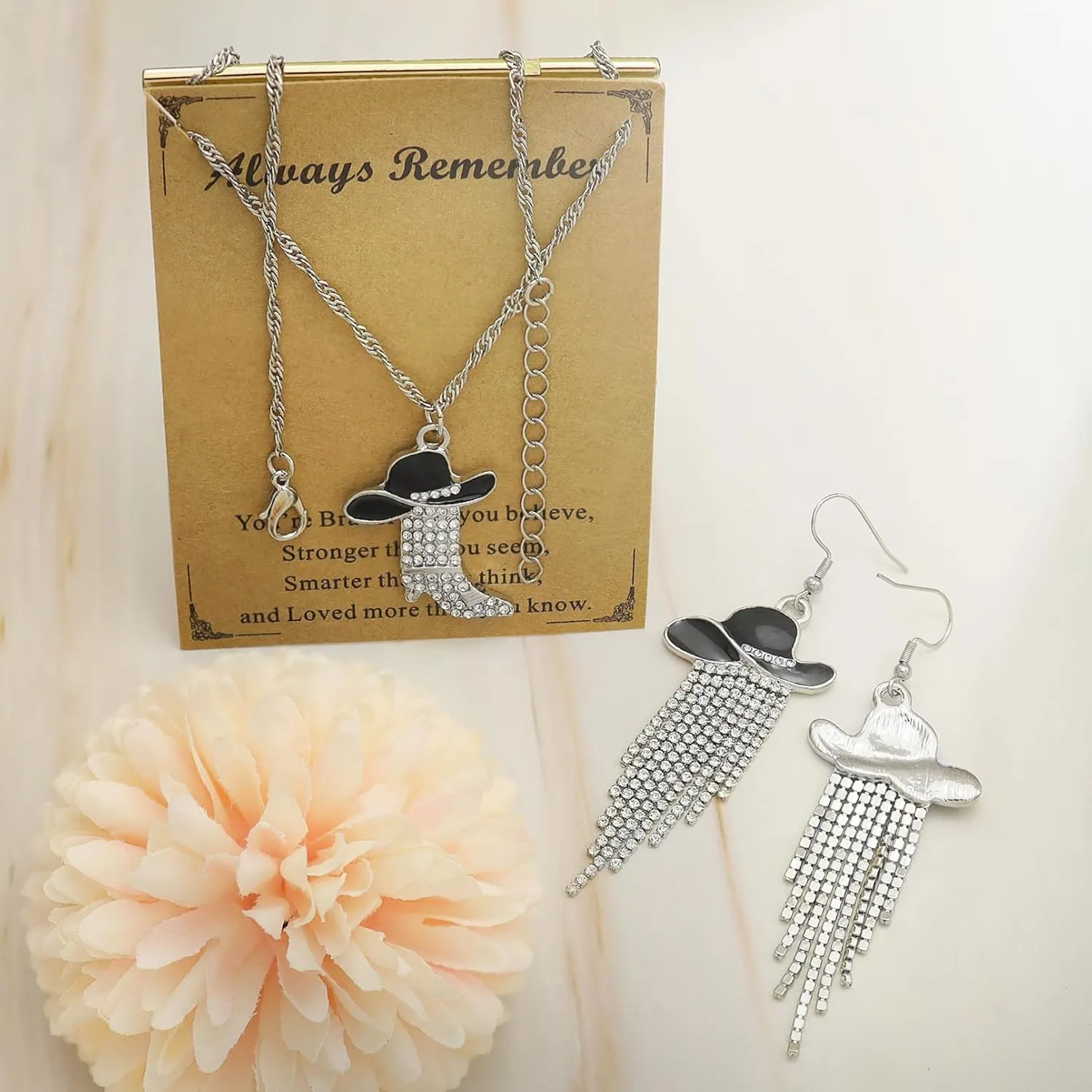 2pcs Western Earrings Necklace Jewelry Set,Sparkly Rhinestone Tassels Cowgirl Earrings Crystal Boots with Enamel Cowboy Hat Pendant Necklac for Women,Wild West Country Rustic Style