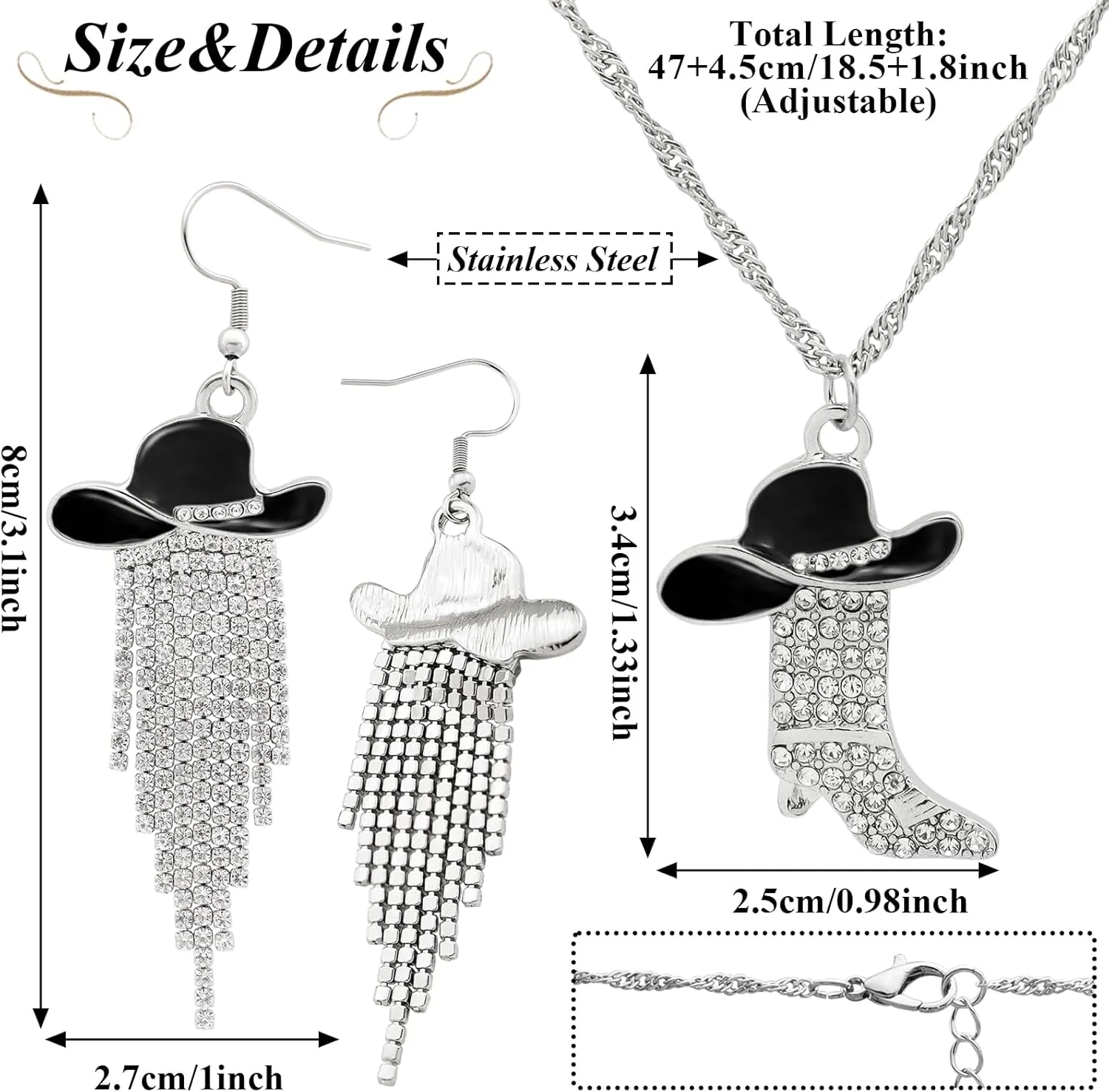 2pcs Western Earrings Necklace Jewelry Set,Sparkly Rhinestone Tassels Cowgirl Earrings Crystal Boots with Enamel Cowboy Hat Pendant Necklac for Women,Wild West Country Rustic Style