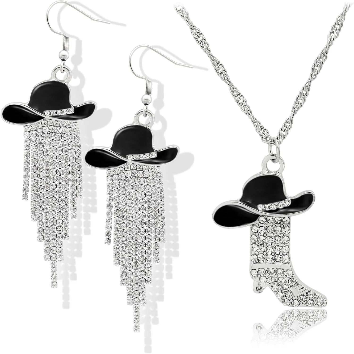 2pcs Western Earrings Necklace Jewelry Set,Sparkly Rhinestone Tassels Cowgirl Earrings Crystal Boots with Enamel Cowboy Hat Pendant Necklac for Women,Wild West Country Rustic Style