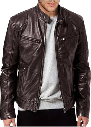 ADHOWBEW Mens Leather Jacket Stand Collar Windbreaker Zip Up Fashion Motorcycle Jackets