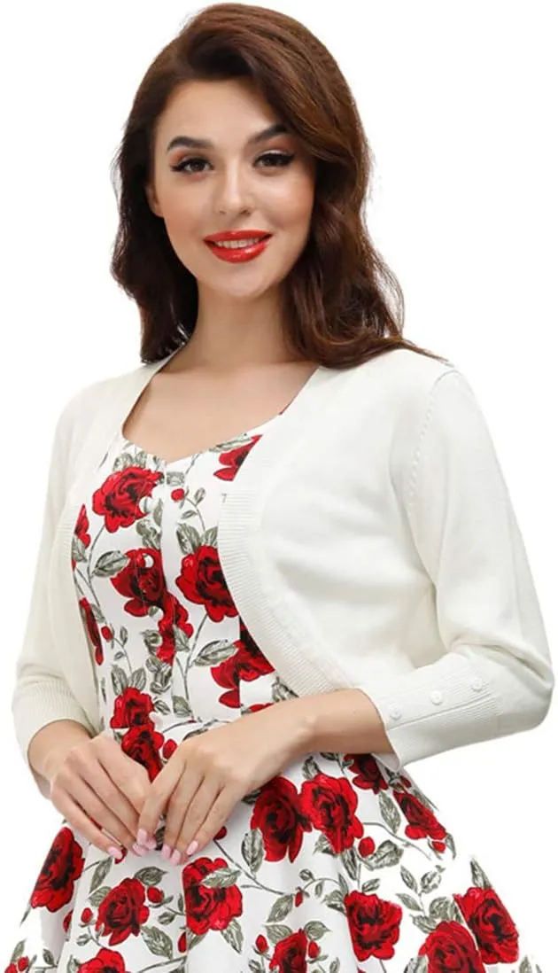 Belle Poque Womens 3/4 Sleeve Bolero Shrug Open Front Knit Cropped Cardigan
