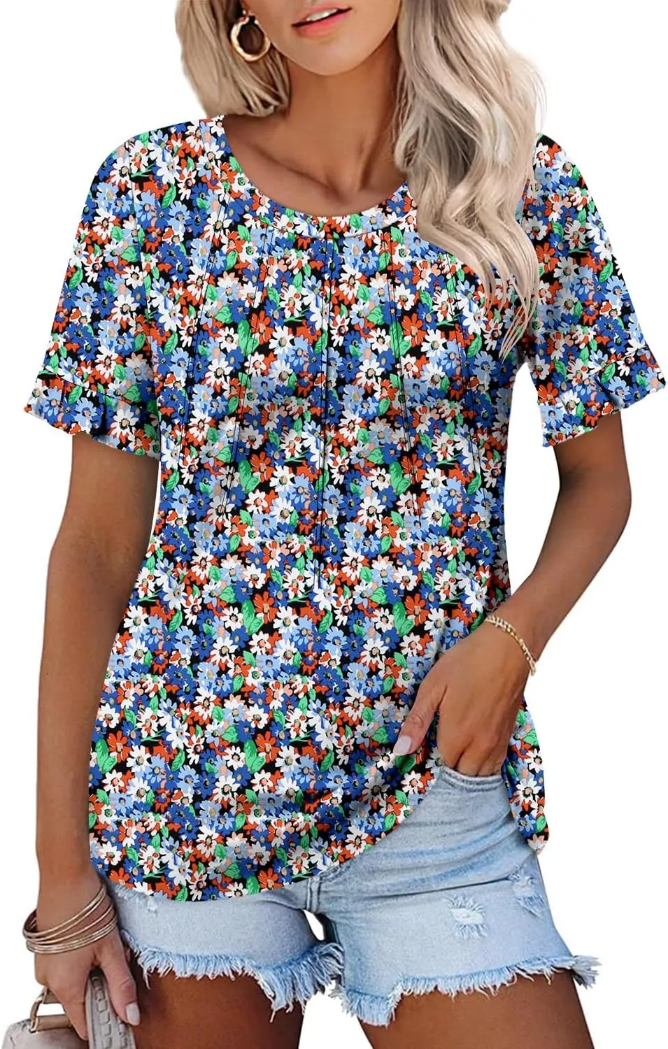 BETTE BOUTIK Womens Short Sleeve Summer Tops Pleated Tunic Tops Shirt S-3XL