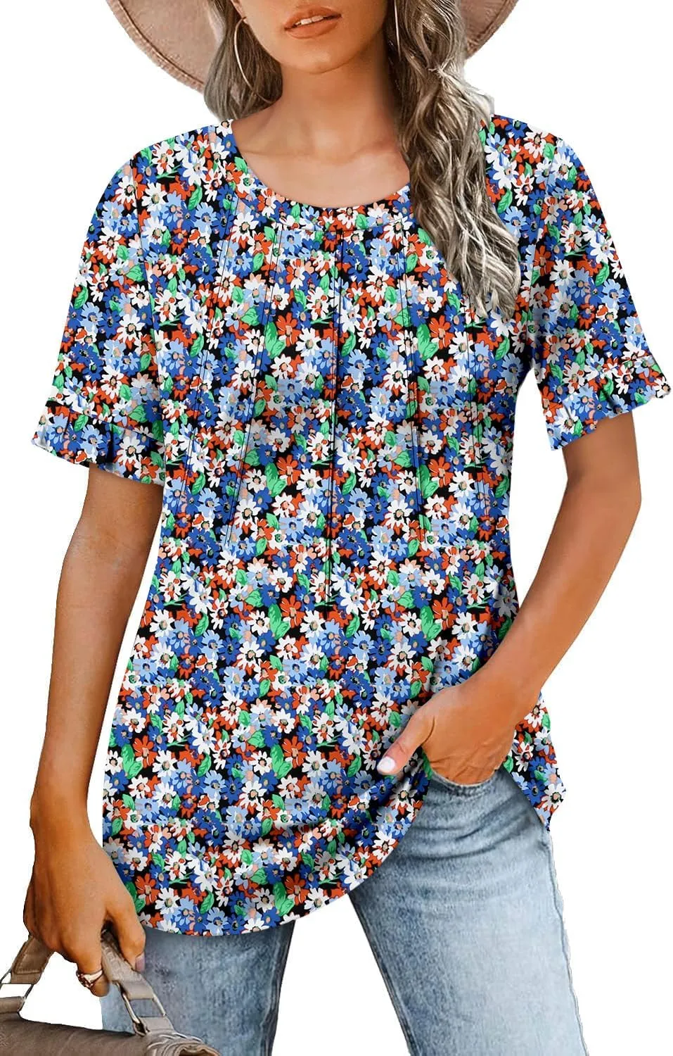 BETTE BOUTIK Womens Short Sleeve Summer Tops Pleated Tunic Tops Shirt S-3XL