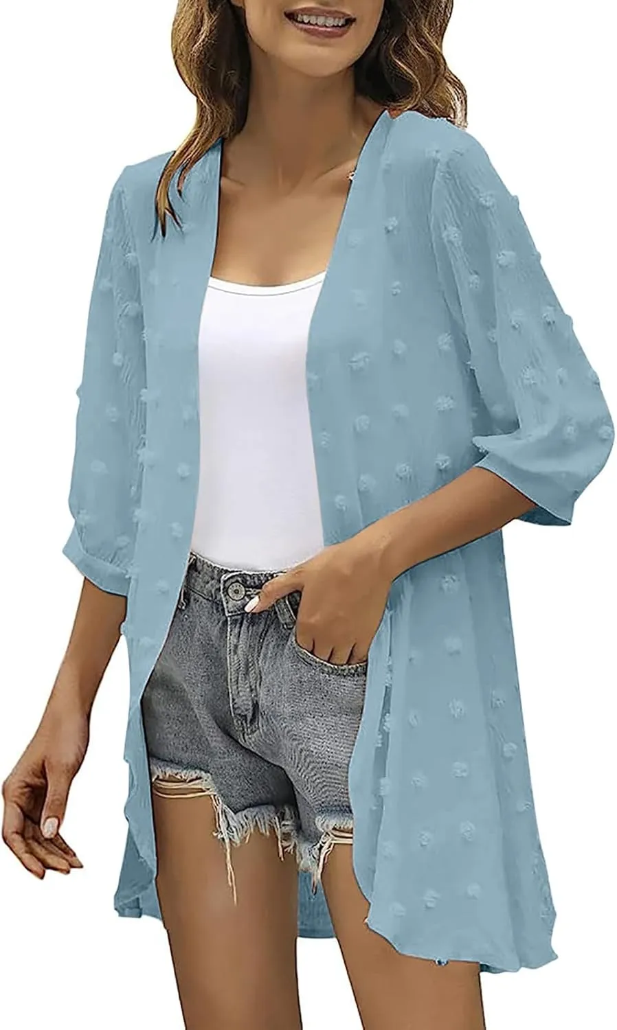 Binmer Swiss Dots Kimono Cardigan for Womens 3/4 Sleeve Lightweight Summer Chiffon Open Front Dusters Loose Beach Cover Up