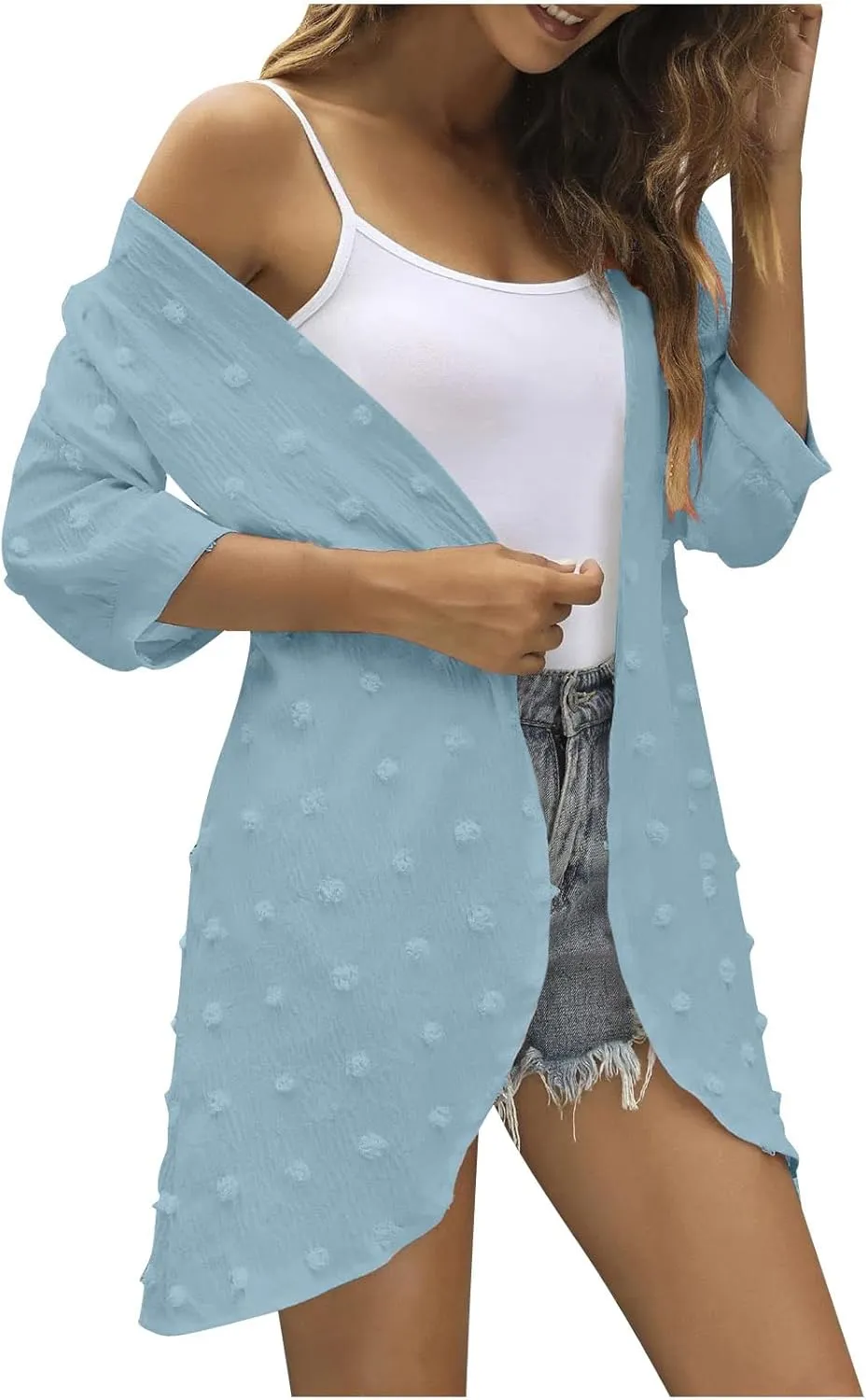 Binmer Swiss Dots Kimono Cardigan for Womens 3/4 Sleeve Lightweight Summer Chiffon Open Front Dusters Loose Beach Cover Up