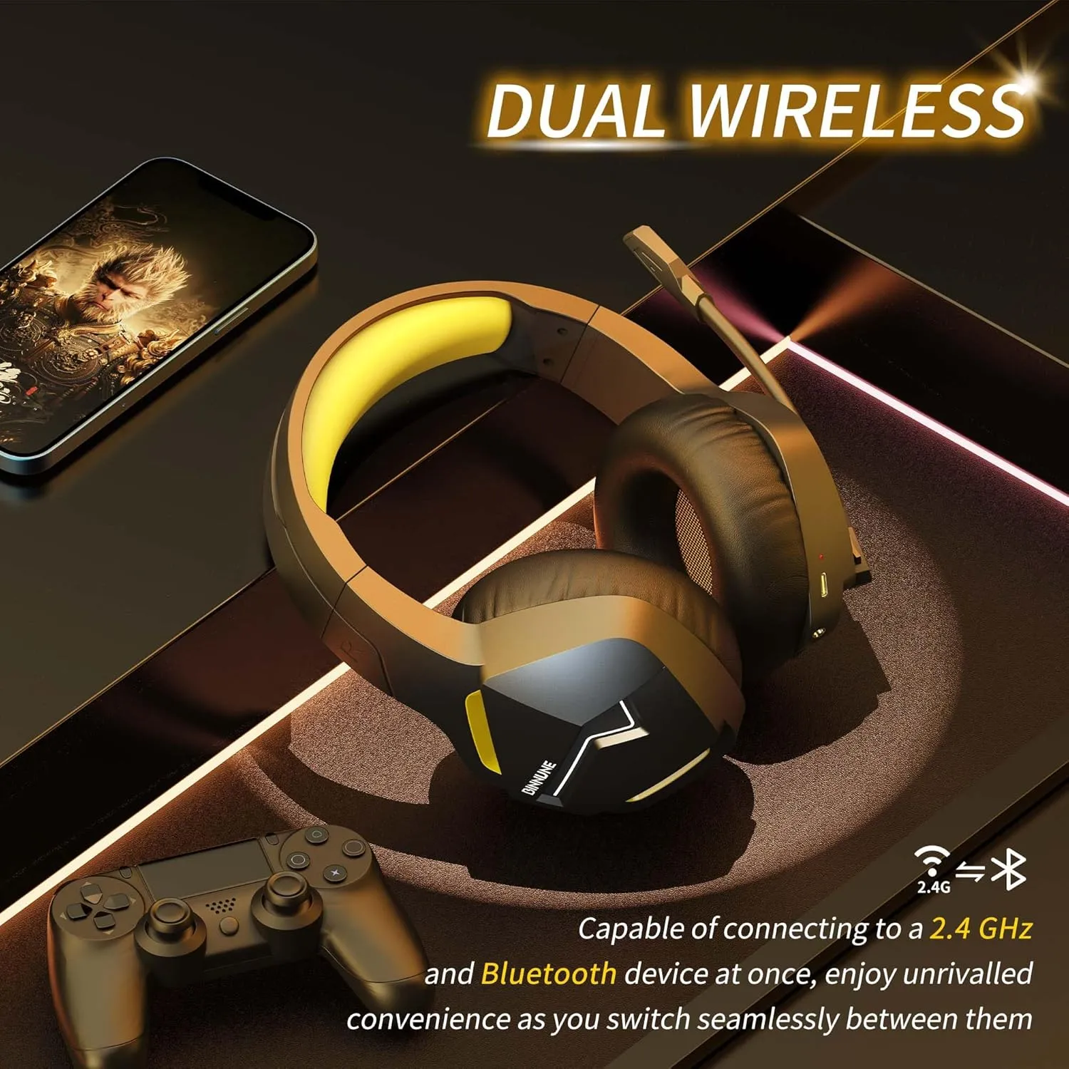 BINNUNE Wireless Gaming Headset with 2.4GHz for PS5, PS4, PC, Switch, FPS Gamers, 120Hrs  Bluetooth 5.3 Gaming Headsets with Noise Canceling Mic, 50MM Headphones for Laptop, Mobile, Mac
