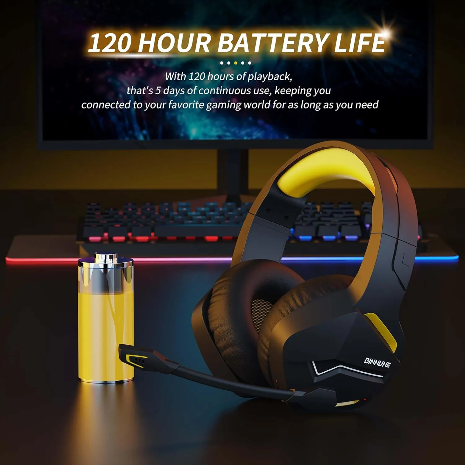 BINNUNE Wireless Gaming Headset with 2.4GHz for PS5, PS4, PC, Switch, FPS Gamers, 120Hrs  Bluetooth 5.3 Gaming Headsets with Noise Canceling Mic, 50MM Headphones for Laptop, Mobile, Mac
