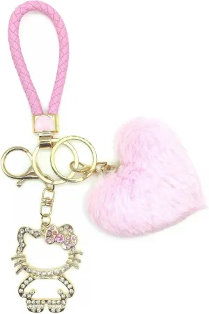 Bling Keychain for WomenKawaii Heart Pom Pom Keychain Versatile Accessory for Backpacks, Handbags, and Car Keys