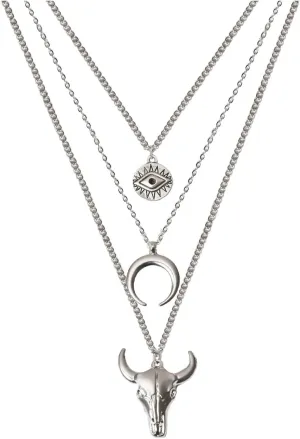 Boho Layered Necklace for Women Men Western Necklaces for Women Silver Crescent Pendant Necklace Chain Evil Eye Bull Head Necklace Western Jewelry