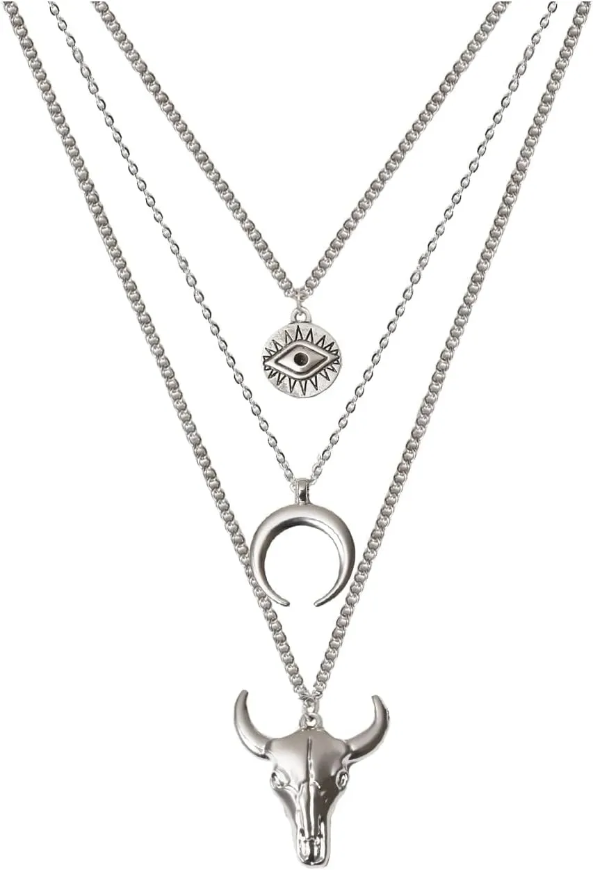 Boho Layered Necklace for Women Men Western Necklaces for Women Silver Crescent Pendant Necklace Chain Evil Eye Bull Head Necklace Western Jewelry
