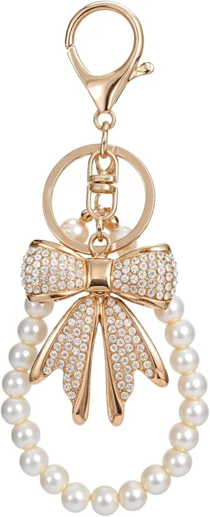 Bow Keychain White Rhinestone Bowknot Keychain Imitation Pearl Chains Sparkly Bow Purse Charm Bag Charms for Handbags Purse Backpacks Handbag Charms Keychain Accessories for Women,2 Pcs