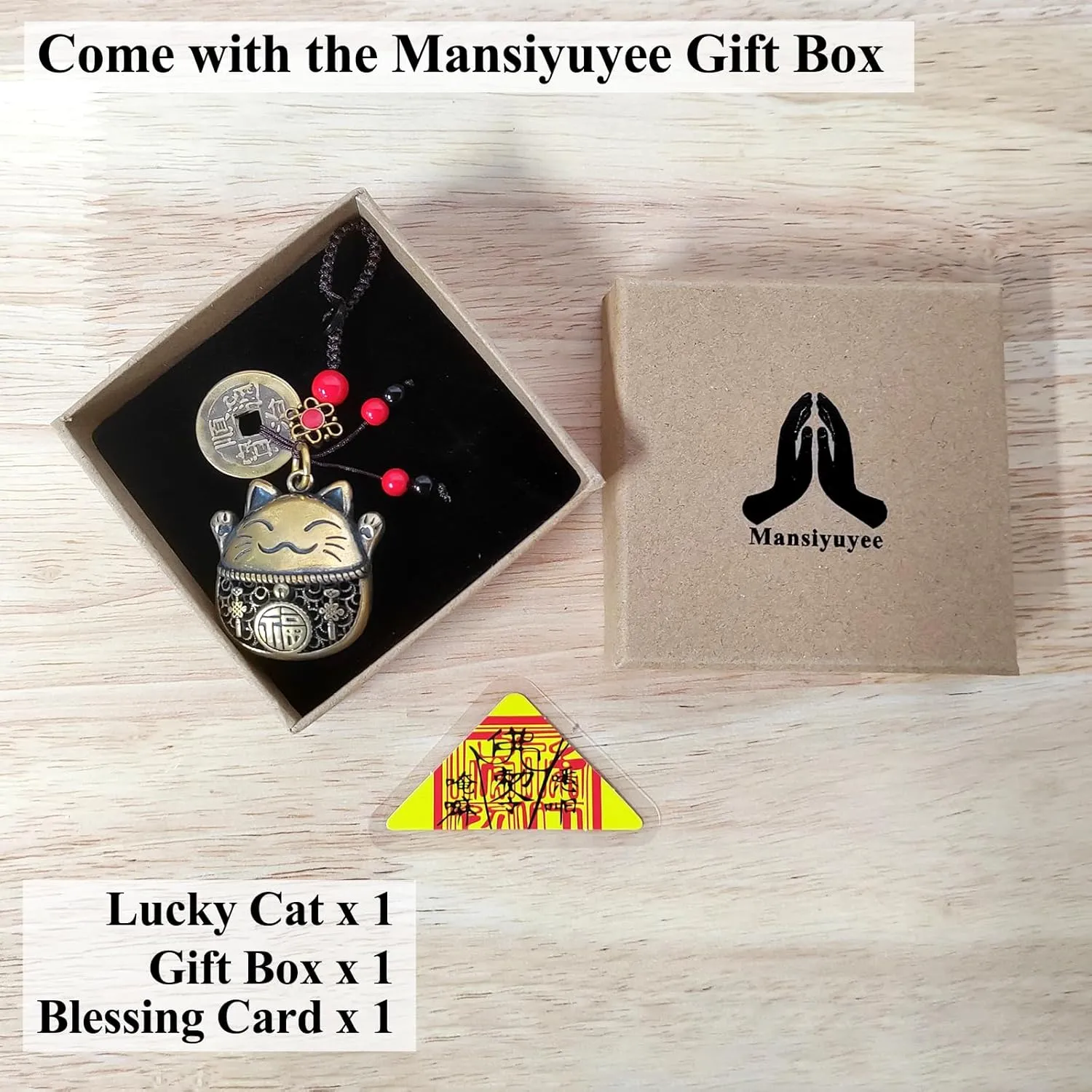 Brass Maneki Neko Lucky Cat Keychain with Feng Shui Coins, Maneki Neko Statue Good Luck Charms Lucky Tassel