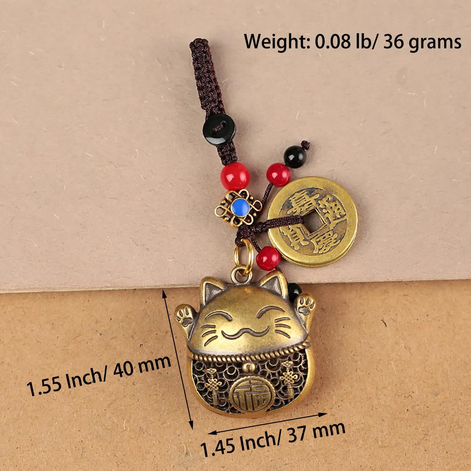 Brass Maneki Neko Lucky Cat Keychain with Feng Shui Coins, Maneki Neko Statue Good Luck Charms Lucky Tassel