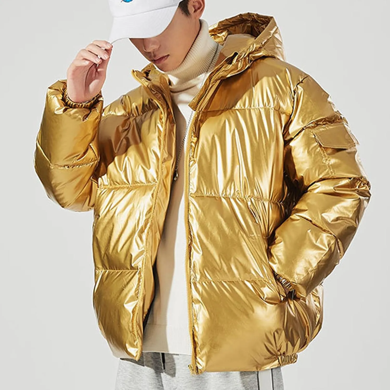 Cambkatl Men's Glossy Padded Winter Coat Metallic Full Zip Down Quilted Puffer Jacket Warm Plus Size Shiny Puffy Outerwear