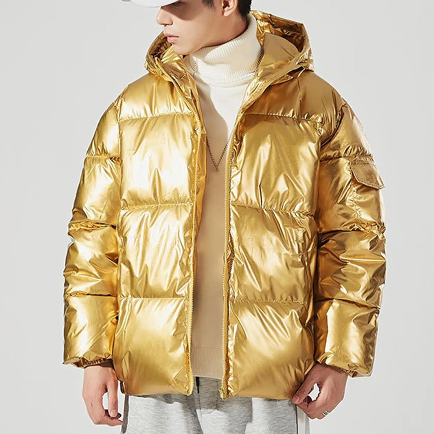 Cambkatl Men's Glossy Padded Winter Coat Metallic Full Zip Down Quilted Puffer Jacket Warm Plus Size Shiny Puffy Outerwear