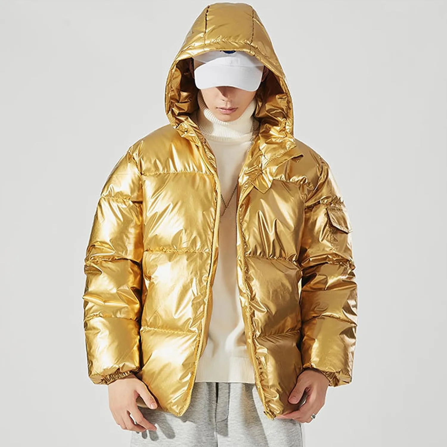 Cambkatl Men's Glossy Padded Winter Coat Metallic Full Zip Down Quilted Puffer Jacket Warm Plus Size Shiny Puffy Outerwear
