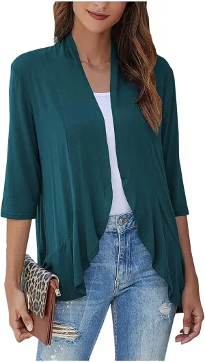 Cardigan for Women Lightweight Summer 3/4 Sleeve Open Front Ruffle Kimono Cardigan Duster