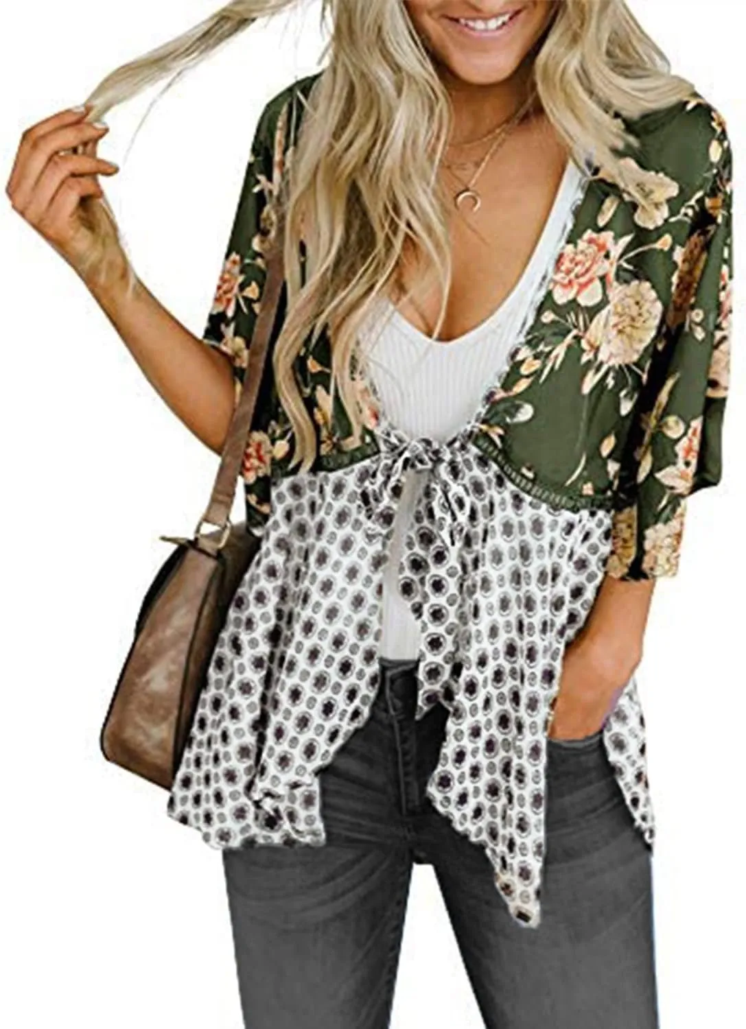 ChainJoy Chiffon Boho Floral Kimono Cardigans Tie Front Half Sleeve