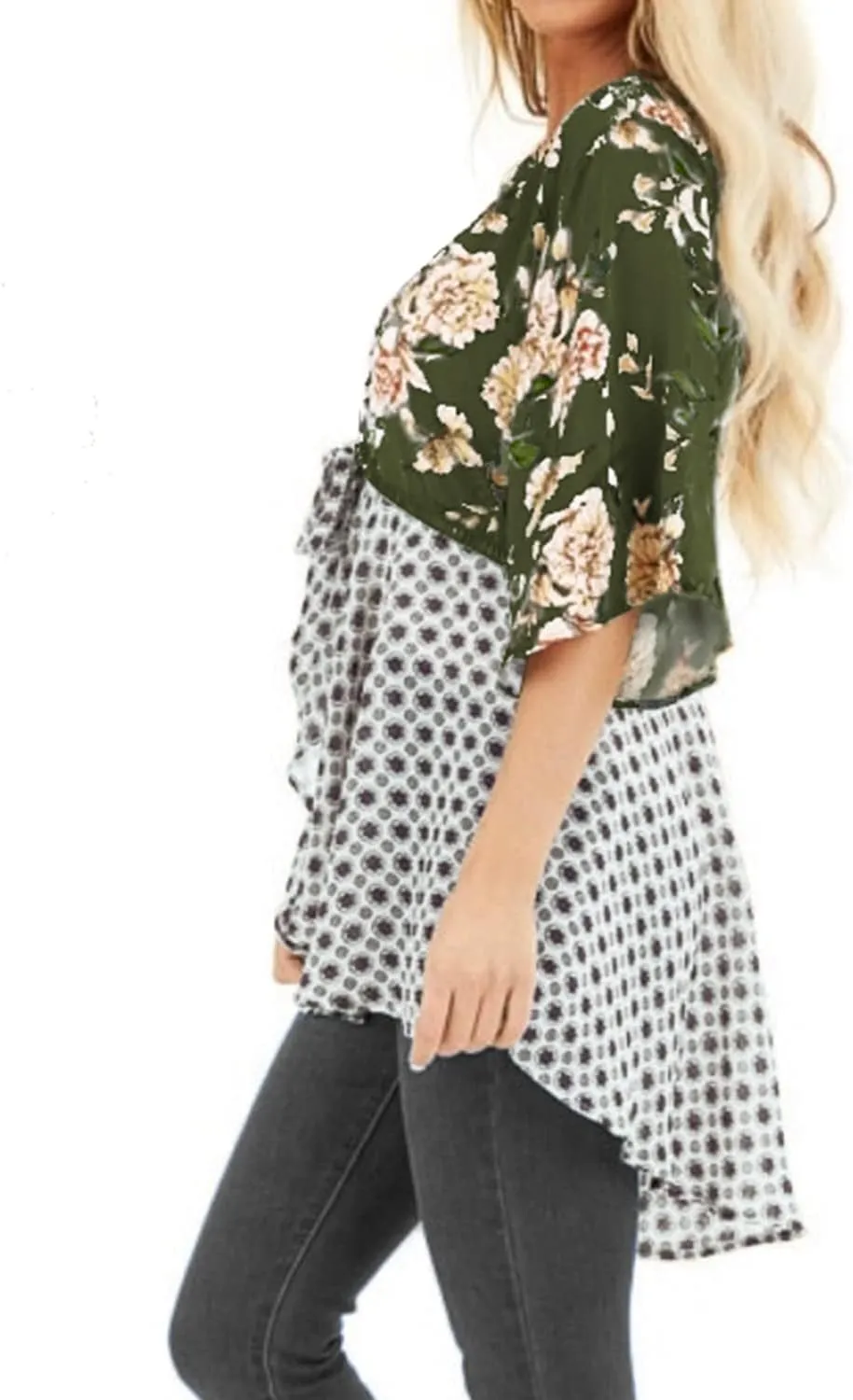 ChainJoy Chiffon Boho Floral Kimono Cardigans Tie Front Half Sleeve