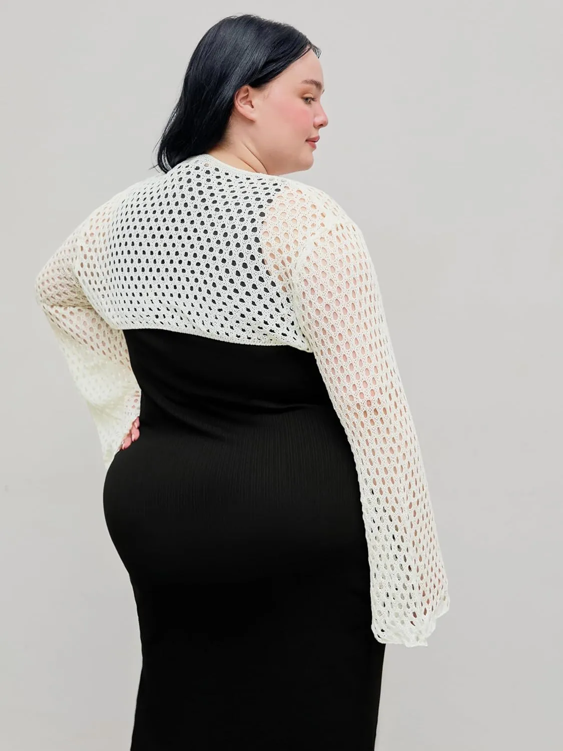 CIDER Womens Shrugs Mesh Crop Tops Bolero Hollow Out Long Sleeve Crochet Sweater Bolero