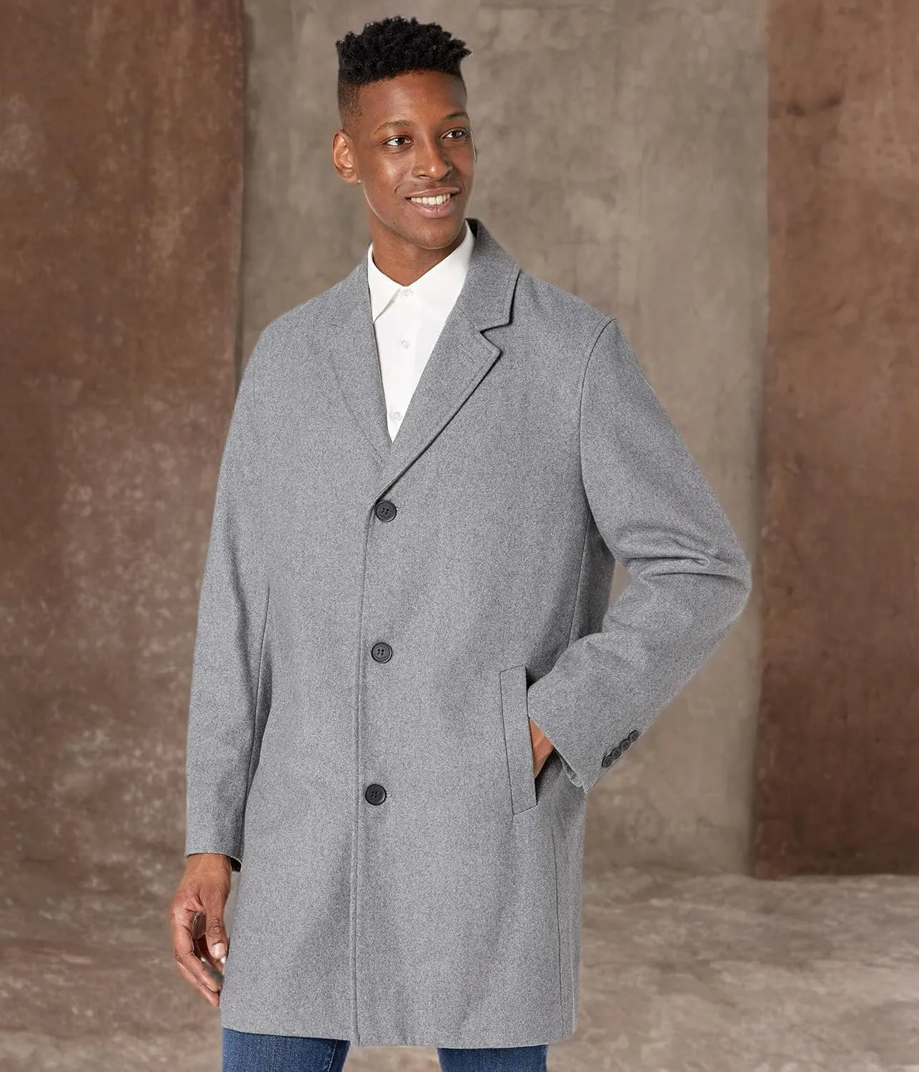 Cole Haan Mens Melton Wool Notched Collar Coat With Welt Body Pockets