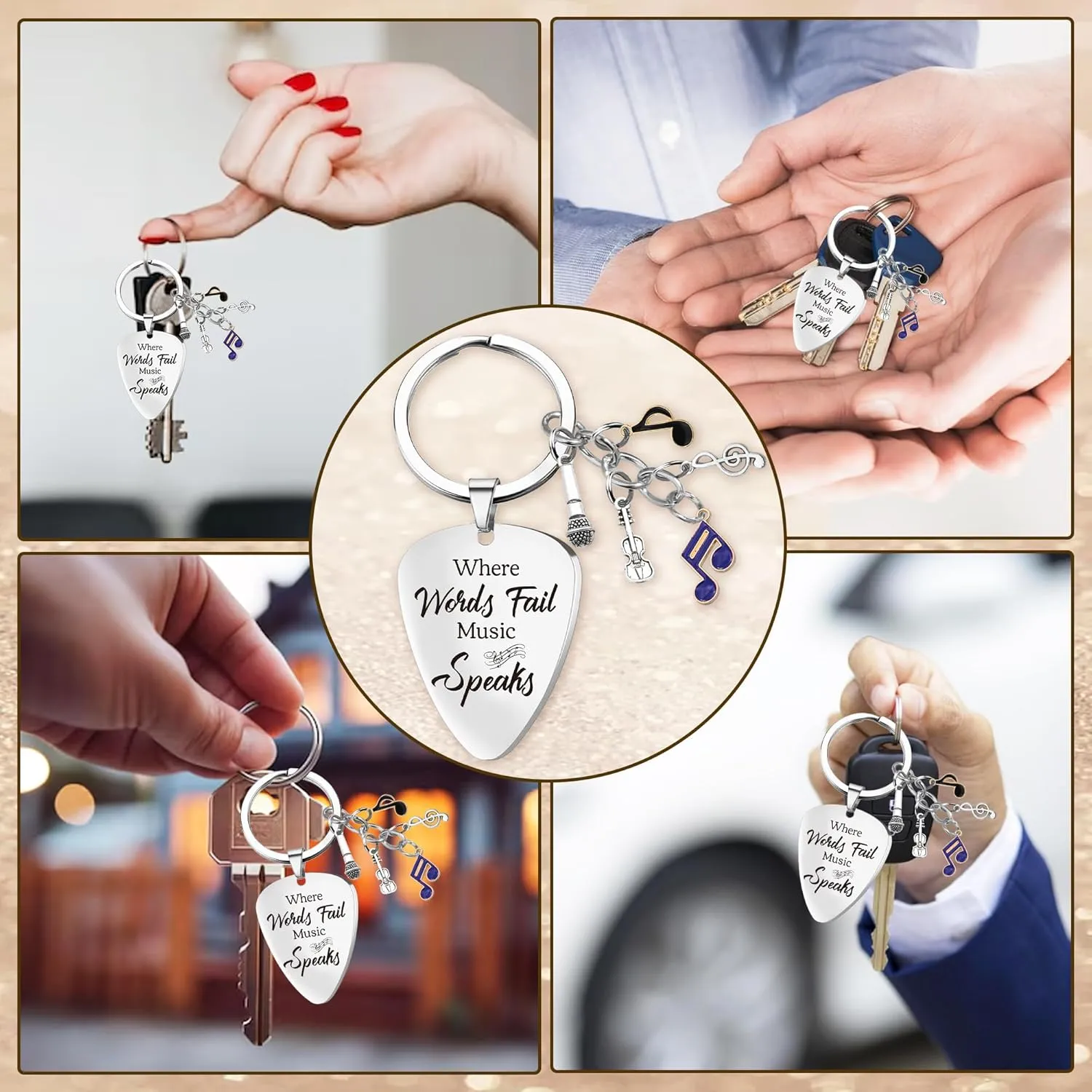Cool Music Lovers Gift Keychain - Inspirational Quotes Keychains for Musicians Men Women Friends, Guitar Note Charm Keychains
