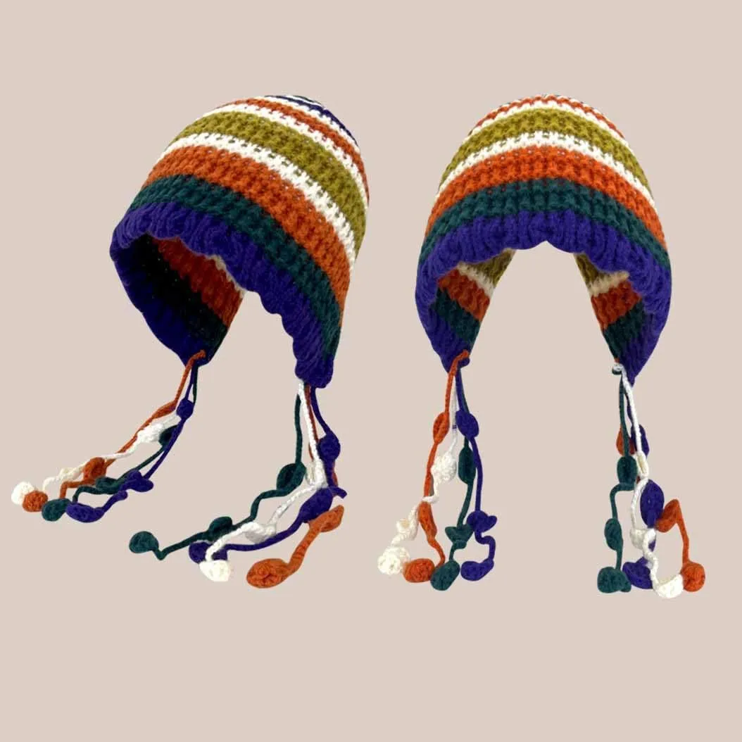 CORIRESHA Women's Colorful Handmade Crochet Beanie Tassel Ear Flaps Knit Hat with Pom Pom