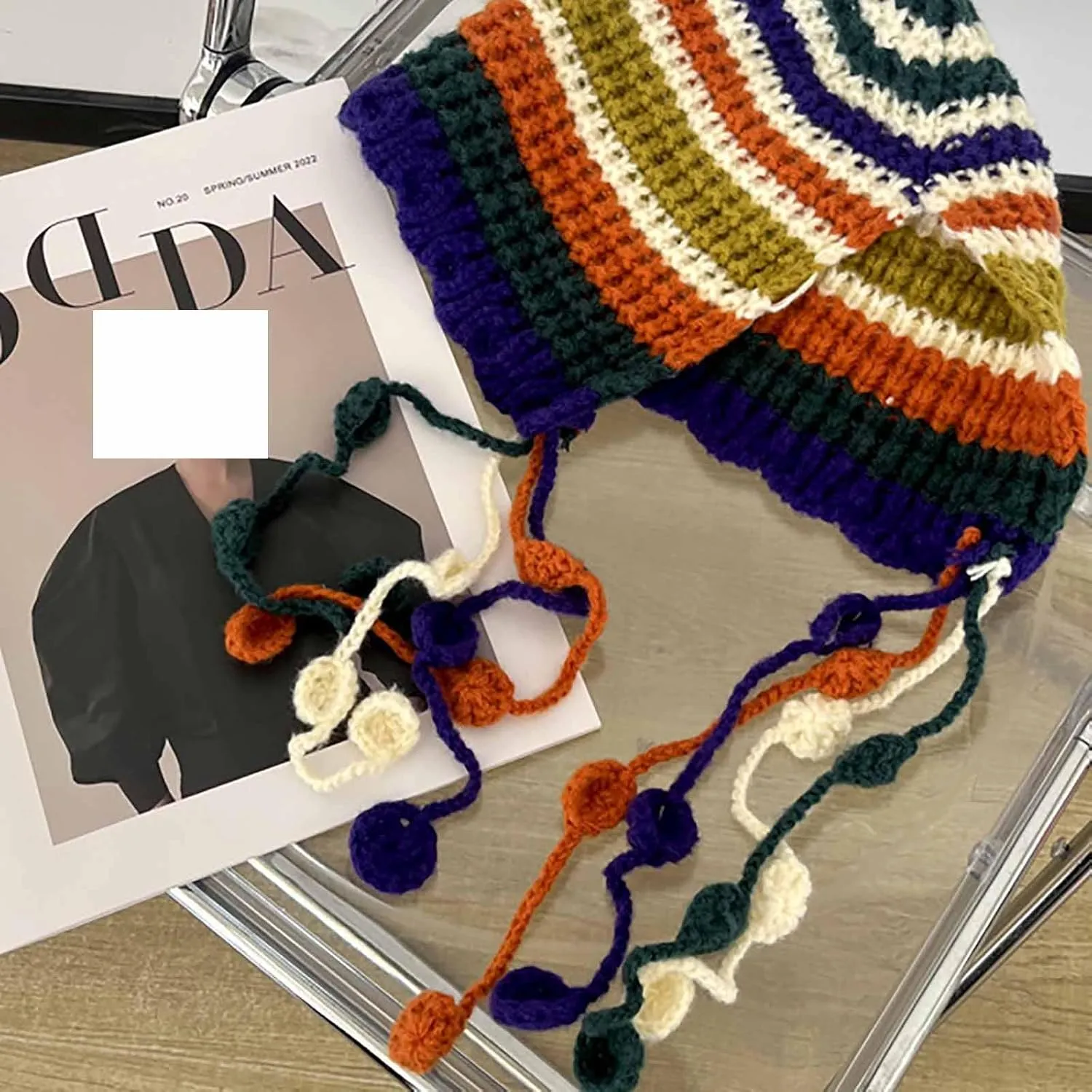 CORIRESHA Women's Colorful Handmade Crochet Beanie Tassel Ear Flaps Knit Hat with Pom Pom