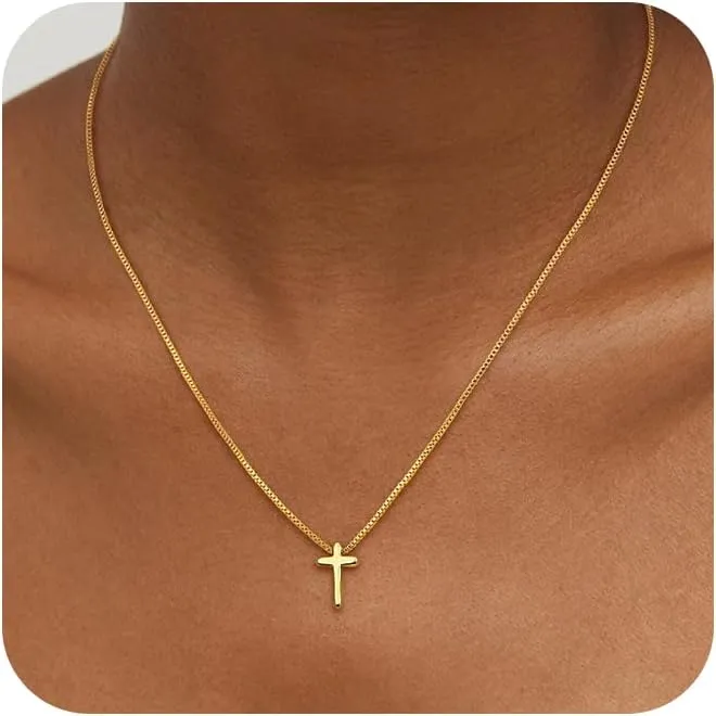 Cross Layered Necklaces for Women - 14K Gold/Sterling Silver Plated Cross Pendant Simple Satellite Chain Dainty Small Choker Sideways Necklace Jewelry Trendy Gift