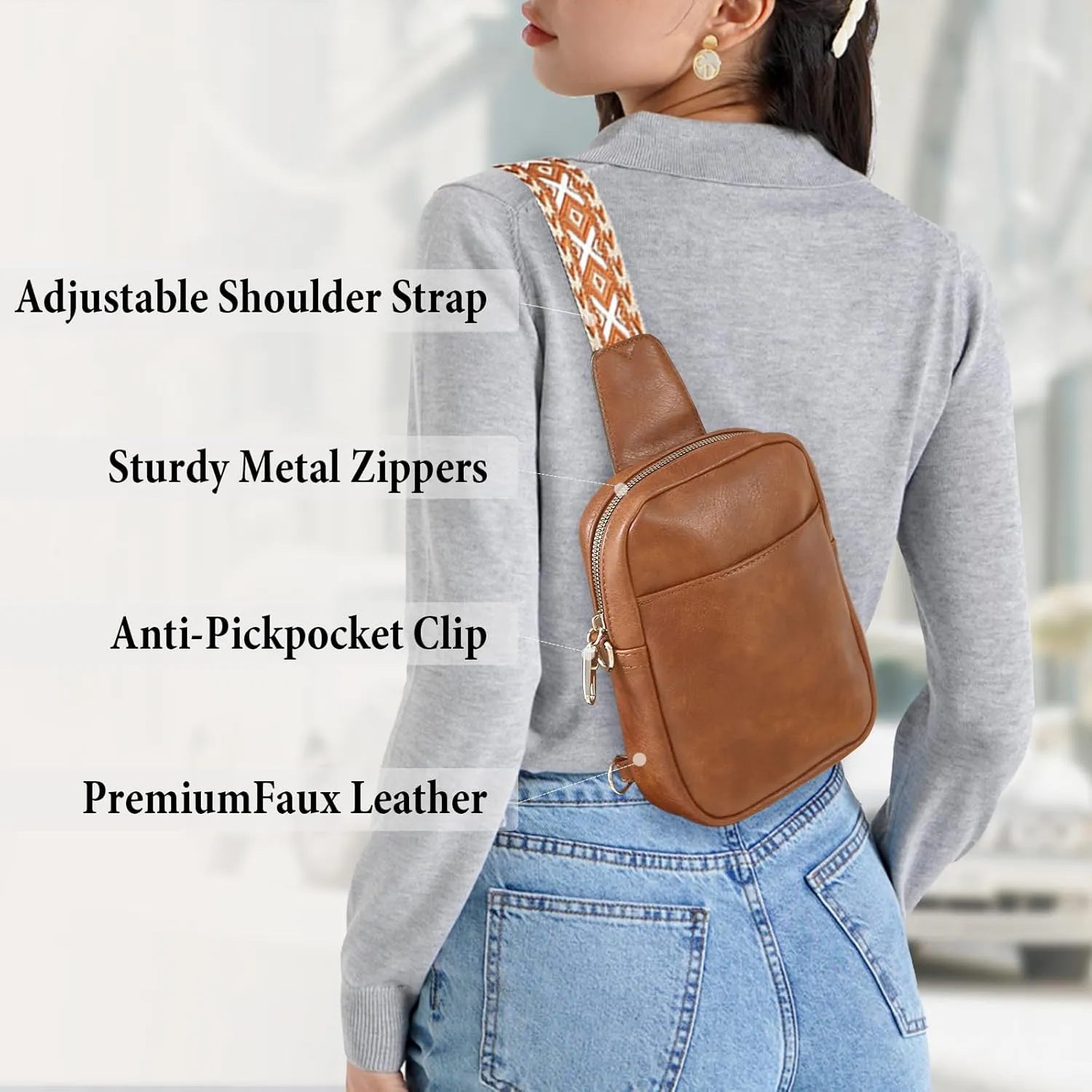 Crossbody Sling Bag for Women Man Anti Theft Vegan Leather Bag Anti Pickpocket Zipper Clip RFID Blocking Chest Bags