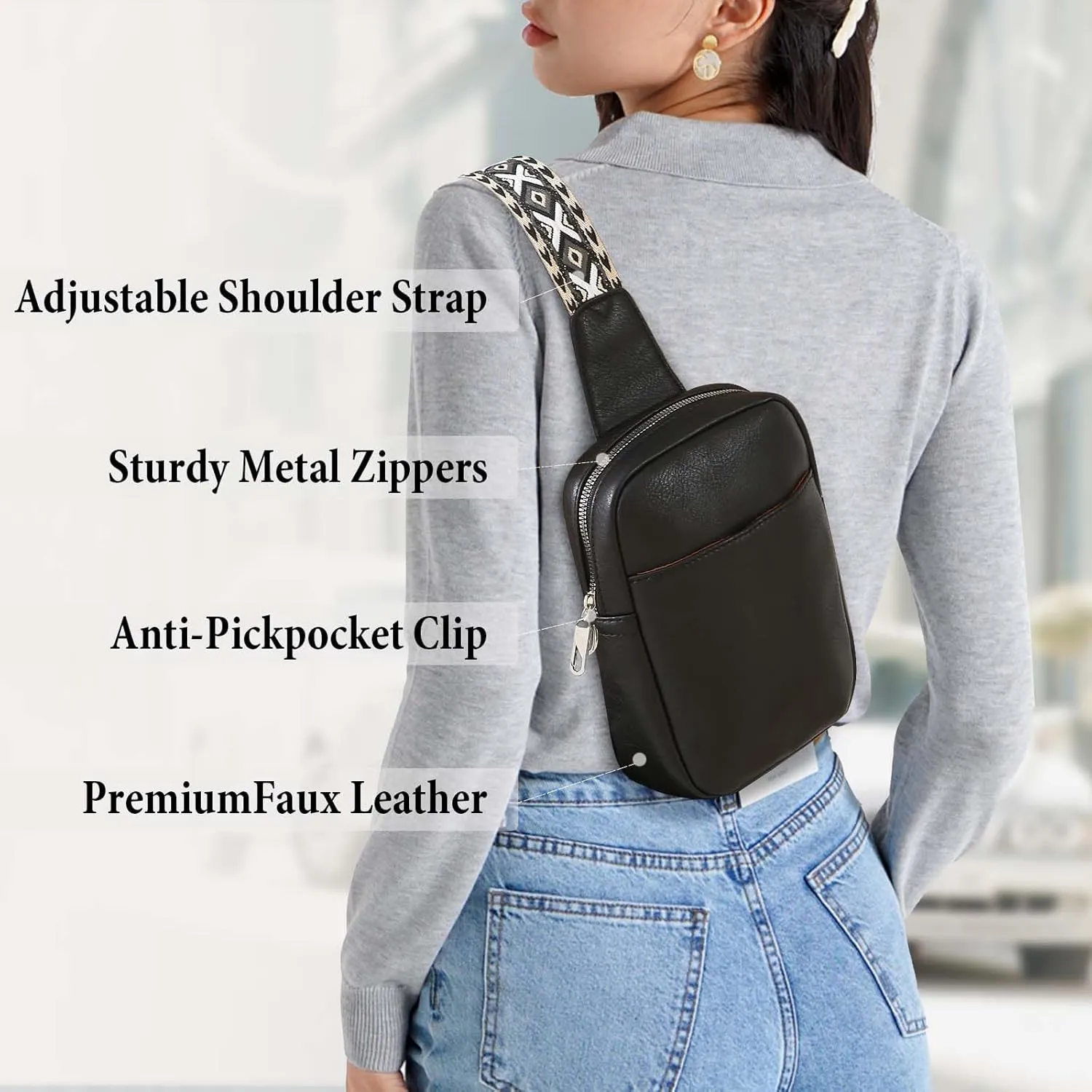 Crossbody Sling Bag for Women Man Anti Theft Vegan Leather Bag Anti Pickpocket Zipper Clip RFID Blocking Chest Bags