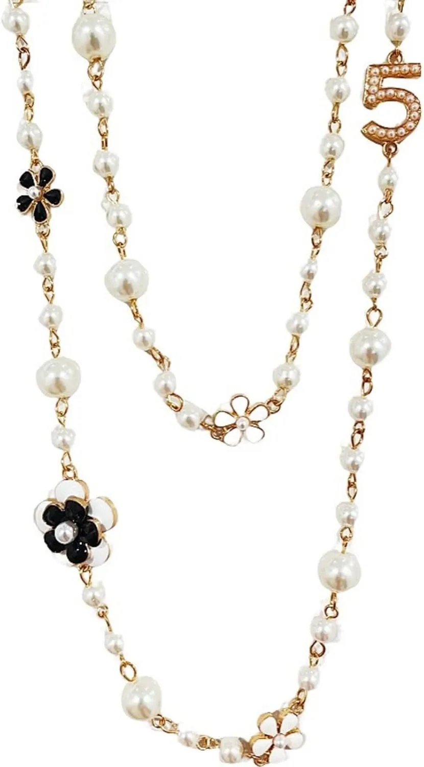 Designer Imitation Pearl Neckalce Camellia Flower Number 5 Long Layered Charm Sweater Neckalce for Women