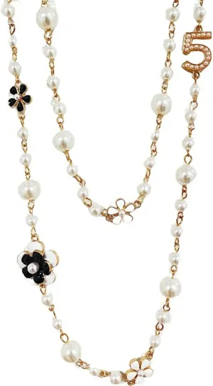 Designer Imitation Pearl Neckalce Camellia Flower Number 5 Long Layered Charm Sweater Neckalce for Women