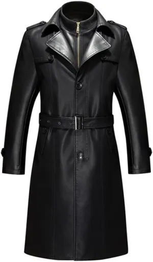 Duberess Mens Double Collar Long Trench Coat Long PU Leather Jacket Parka (S-XL)