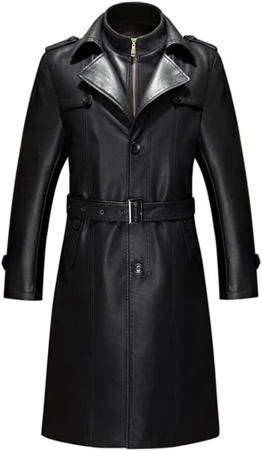 Duberess Mens Double Collar Long Trench Coat Long PU Leather Jacket Parka (S-XL)