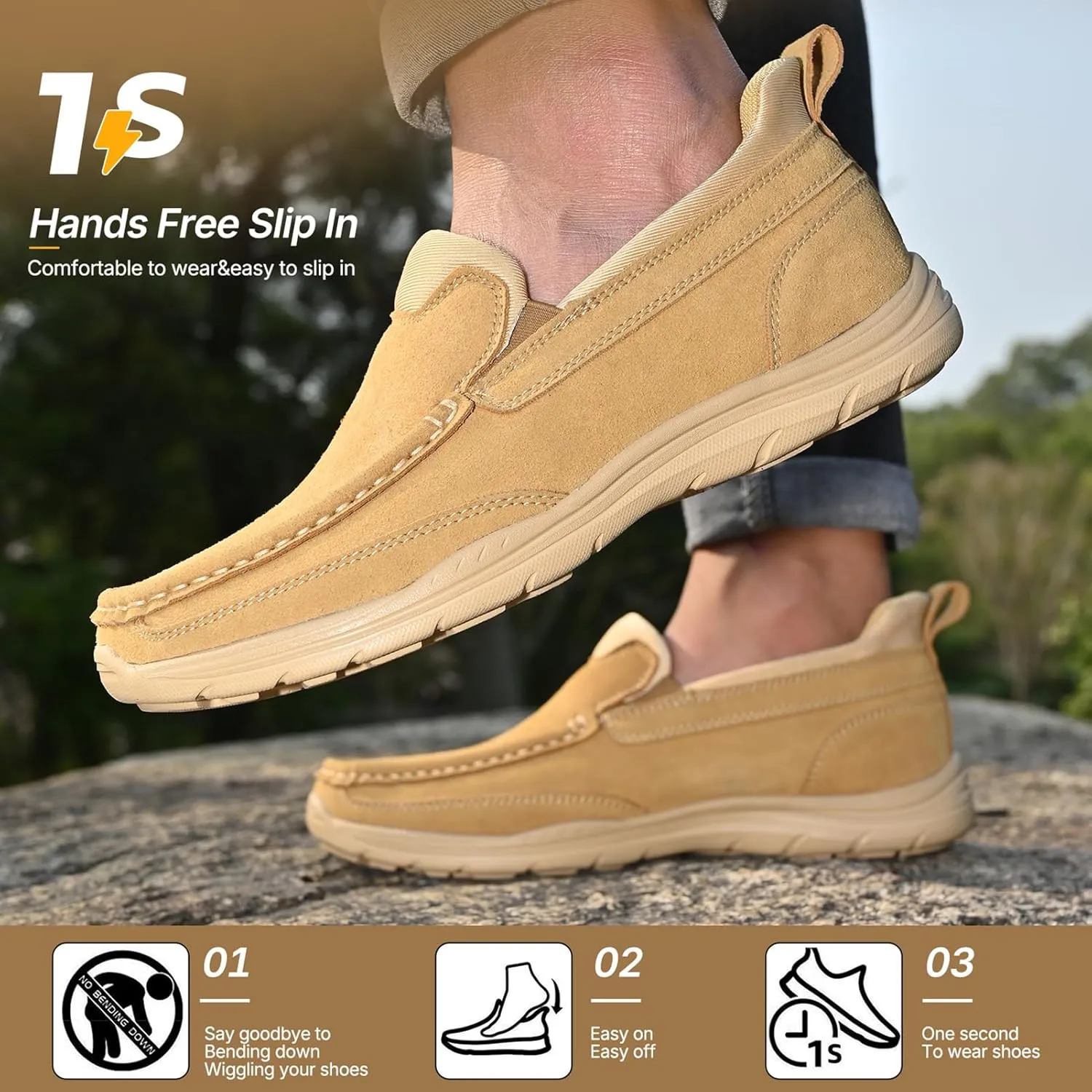 Easy On Casual Shoes for Men - Leather Slip-On Loafers with Elastic Heel & Latex Footbed - Lightweight EVA Walking Shoes