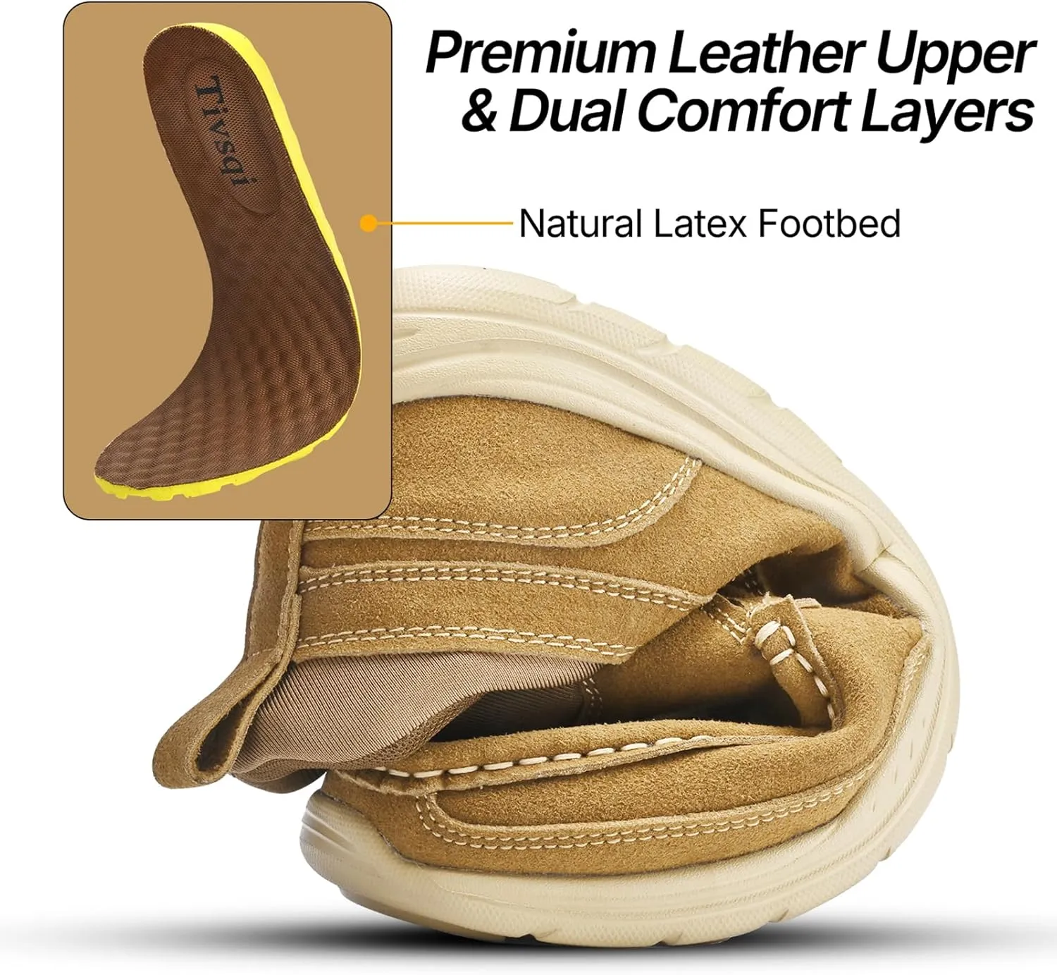 Easy On Casual Shoes for Men - Leather Slip-On Loafers with Elastic Heel & Latex Footbed - Lightweight EVA Walking Shoes