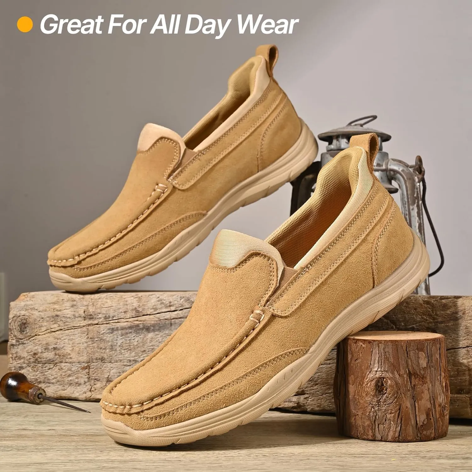 Easy On Casual Shoes for Men - Leather Slip-On Loafers with Elastic Heel & Latex Footbed - Lightweight EVA Walking Shoes
