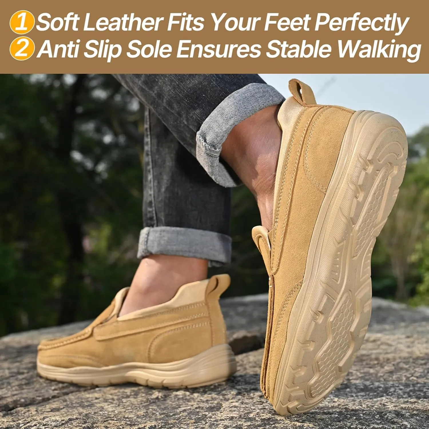 Easy On Casual Shoes for Men - Leather Slip-On Loafers with Elastic Heel & Latex Footbed - Lightweight EVA Walking Shoes